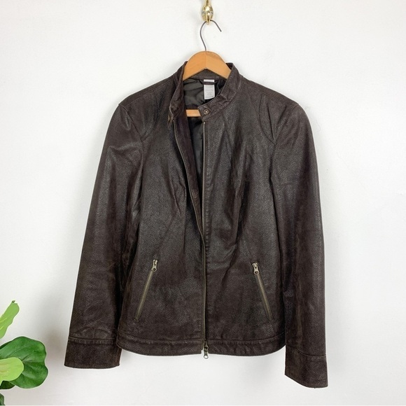 Genuine Leather Brown Moto Style Zip Up Mock Neck Jacket Sz M - Picture 2 of 9